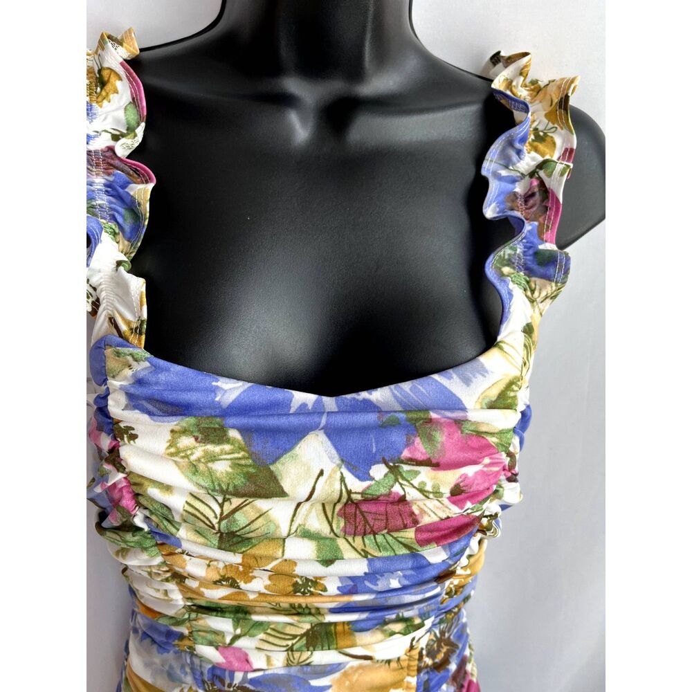 Lulu's Floral Ruched Mini Dress — Blue, Pink & Gold - Picture 2 of 11